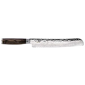 shun cutlery premier 9” bread knife; effortlessly slice through any type of loaf without tearing or crushing, razor-sharp, wide serrations, hand-sharpened 16° blade, handcrafted in japan,silver