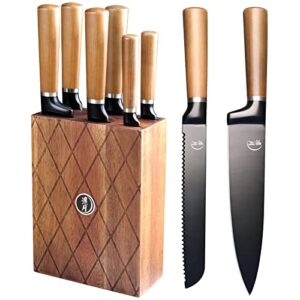 knife set, ritsu 7 pieces kitchen knife set with block - ultra sharp professional chef knife set with black non-stick coating blade