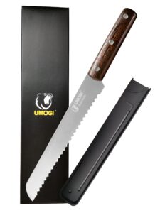 umogi bread knife 8 inch with sheath - german high carbon stainless steel, ergonomic grip full tang wood handle - serrated edge home kitchen knife for bread tomatoes & cake