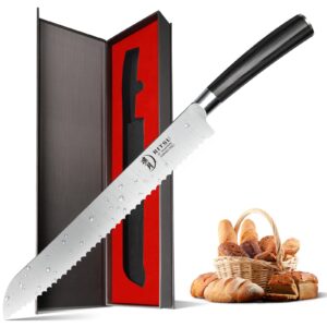 ritsu bread knife 10 inch serrated knife, professional serrated bread knife, german high carbon steel bread slicer with ergonomic handle for homemade bread slicing
