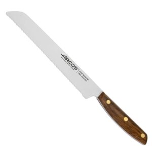 arcos bread knife 8 inch nitrum stainless steel and 200 mm blade. obtain a great variety of cuts for your food. ideal knife for daily domestic use. series nordika. color brown.