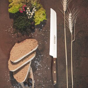 ARCOS Bread Knife 8 Inch Nitrum Stainless Steel and 200 mm blade. Obtain a great variety of cuts for your food. Ideal knife for daily domestic use. Series Nordika. Color Brown.