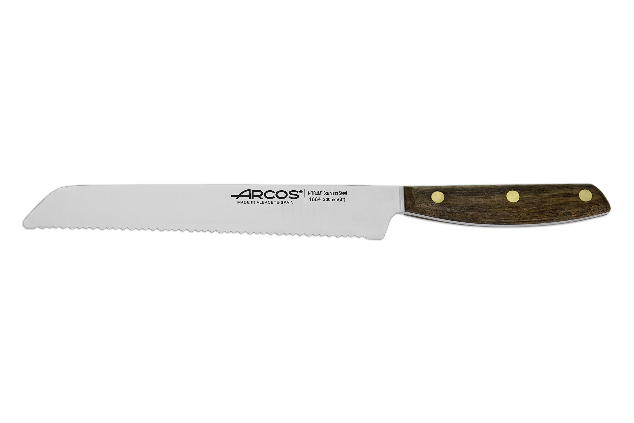 ARCOS Bread Knife 8 Inch Nitrum Stainless Steel and 200 mm blade. Obtain a great variety of cuts for your food. Ideal knife for daily domestic use. Series Nordika. Color Brown.