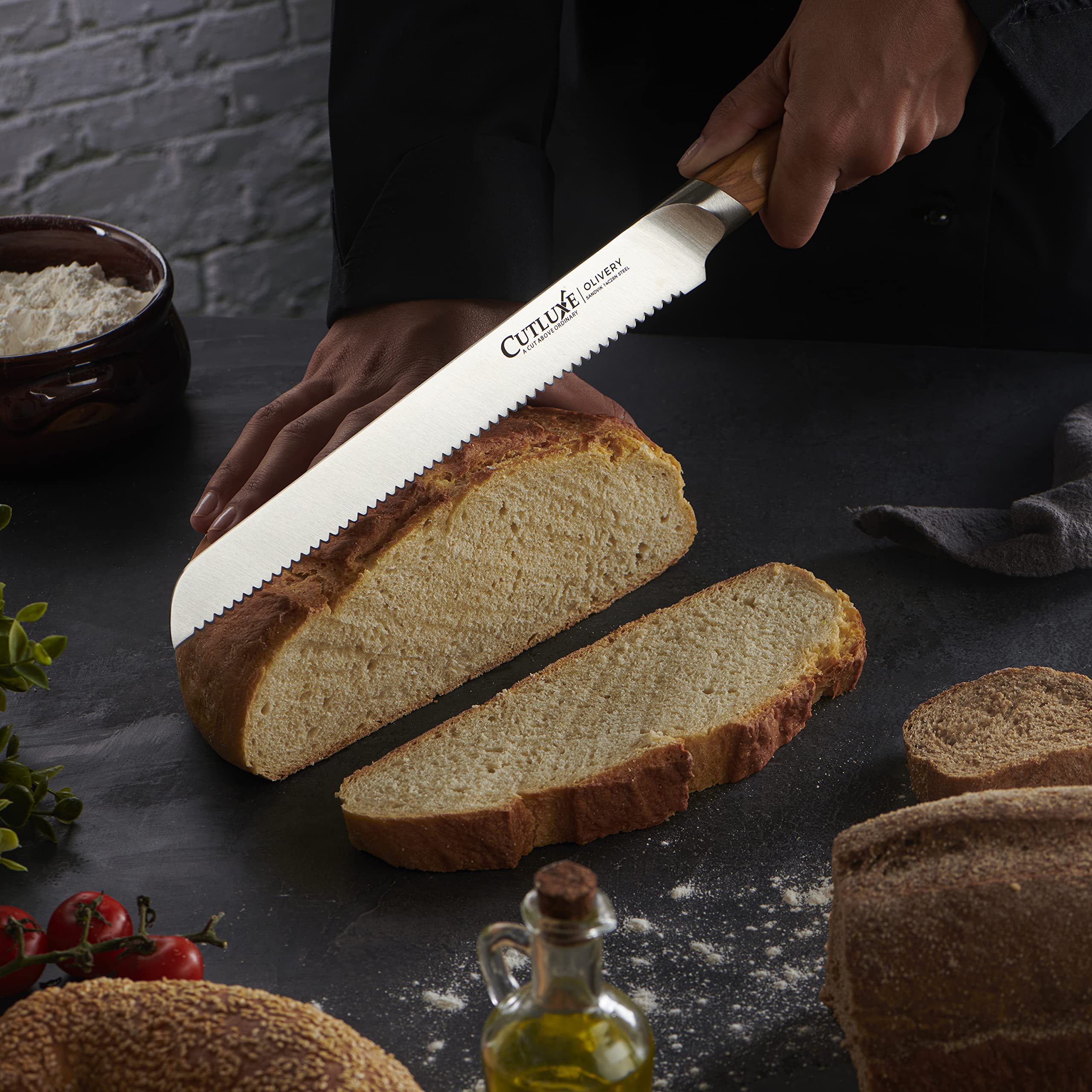 CUTLUXE Bread Knife – 10" Serrated Kitchen Knife – Olive Wood Handle – Full Tang – Olivery Series