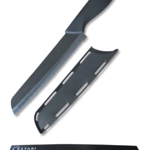 Cestari Advanced Ceramic Knife - Razor Thin Slices -Serrated Bread Knives - Never Needs Sharpening - Black Mirror Finish - Specialty Knives - Tomato Knife with Safety Sheath in Luxury Gift Box