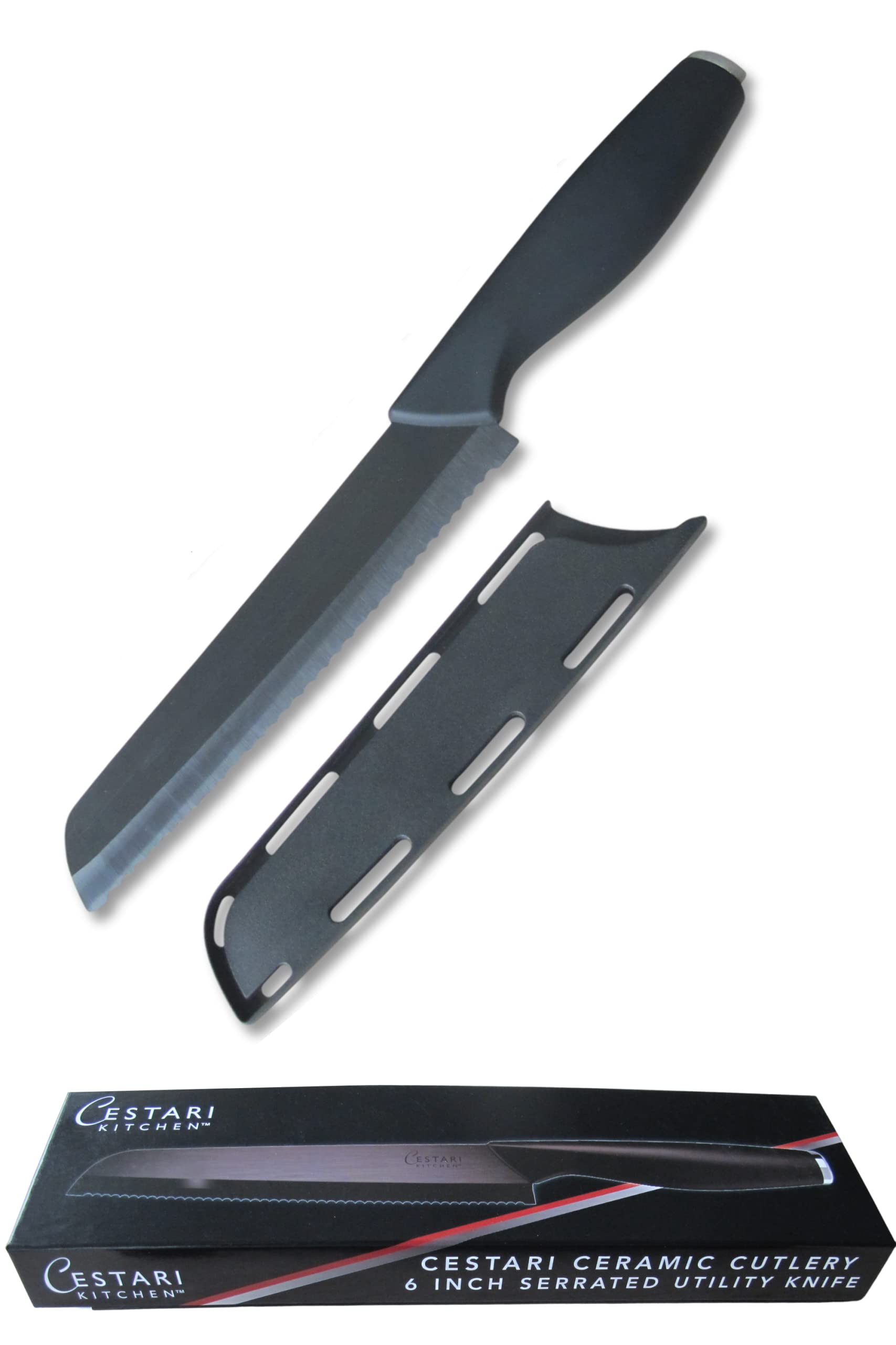 Cestari Advanced Ceramic Knife - Razor Thin Slices -Serrated Bread Knives - Never Needs Sharpening - Black Mirror Finish - Specialty Knives - Tomato Knife with Safety Sheath in Luxury Gift Box