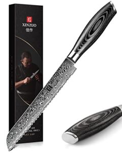 xinzuo 8 inch bread knife high carbon 67 layer japanese vg10 damascus super steel kitchen knife professional chef's knife with pakkawood handle - ya series