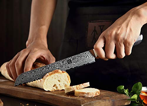 XINZUO 8 Inch Bread Knife High Carbon 67 Layer Japanese VG10 Damascus Super Steel Kitchen Knife Professional Chef's Knife with Pakkawood Handle - Ya Series