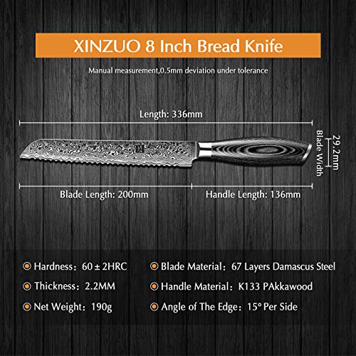 XINZUO 8 Inch Bread Knife High Carbon 67 Layer Japanese VG10 Damascus Super Steel Kitchen Knife Professional Chef's Knife with Pakkawood Handle - Ya Series