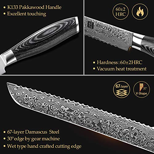 XINZUO 8 Inch Bread Knife High Carbon 67 Layer Japanese VG10 Damascus Super Steel Kitchen Knife Professional Chef's Knife with Pakkawood Handle - Ya Series