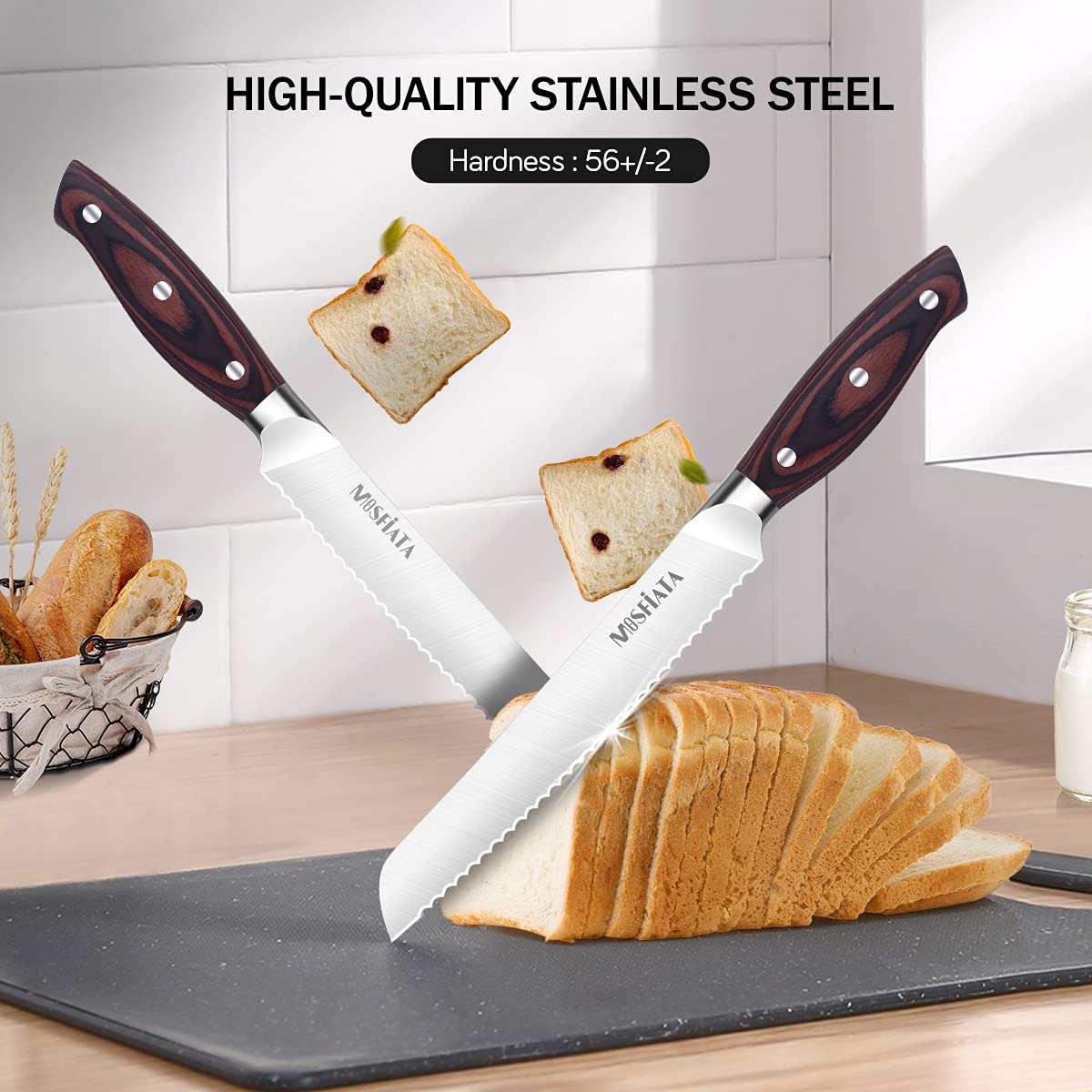 MOSFiATA Bread Knife 8 Inch Serrated Knife, 5Cr15Mov High Carbon Stainless Steel Bread Cutter with Ergonomic Pakkawood Handle, Full Tang Bread Slicer with Sheath, Ideal for Cake, Bagel, Sandwich