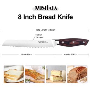 MOSFiATA Bread Knife 8 Inch Serrated Knife, 5Cr15Mov High Carbon Stainless Steel Bread Cutter with Ergonomic Pakkawood Handle, Full Tang Bread Slicer with Sheath, Ideal for Cake, Bagel, Sandwich