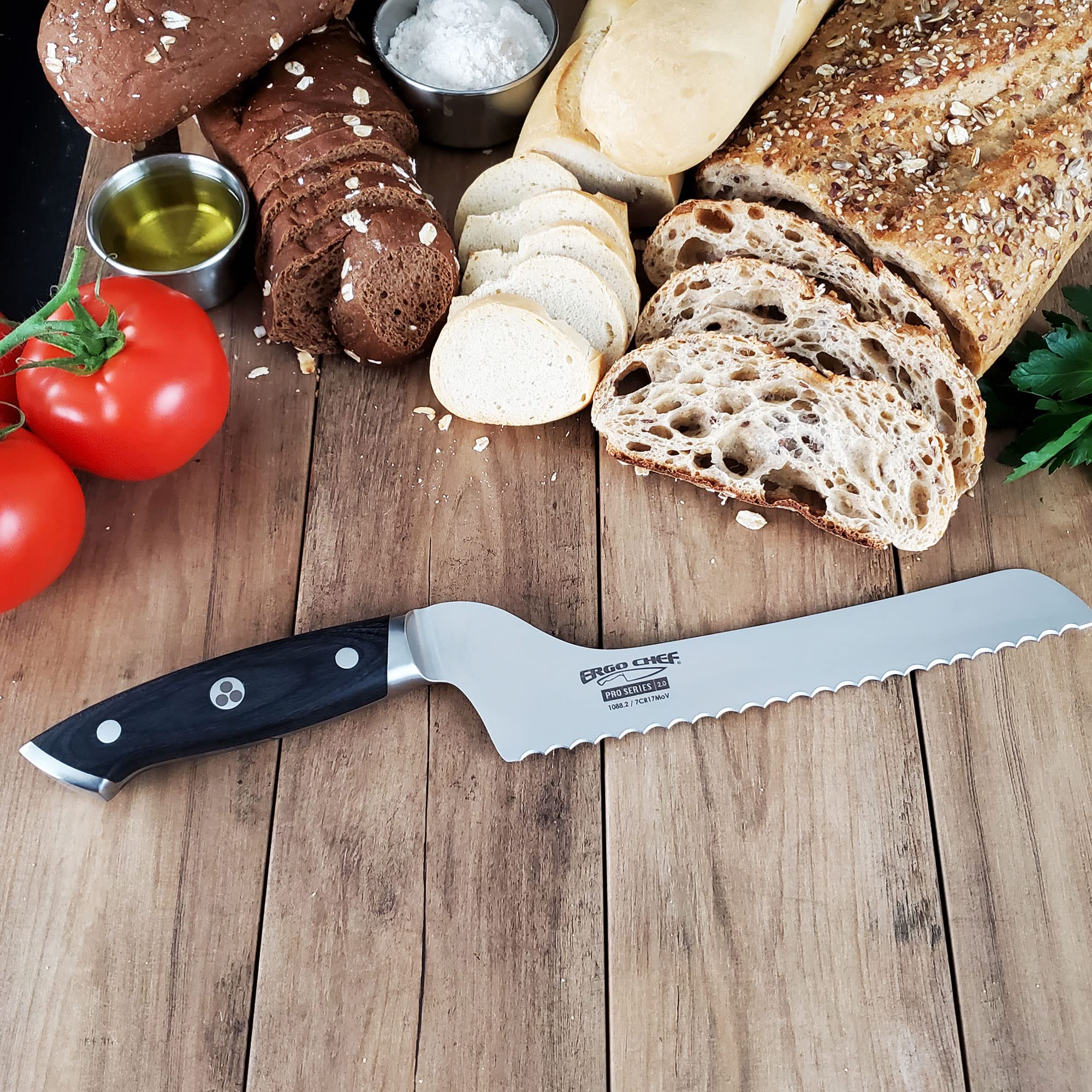 Ergo Chef 8-In Serrated Offset Bread & Deli Knife - Pro Series 2.0 - Forged High Carbon 7Cr17Mov Stainless Steel – Ergonomic Black Pakkawood Handle