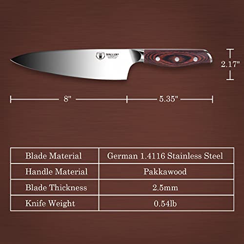 WALLOP Chef Knife - Pro Kitchen Knife 8 inch Chef's Knife Japanese Gyuto Knife Ultra Sharp, German High Carbon Stainless Steel Full Tang Brown Pakkawood Handle, Gift Box Package, Jane Series