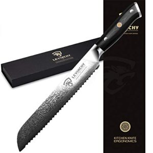 levinchy bread knife 8 inch professional japanese damascus stainless steel with black premium g10 handle, ergonomic pro kitchen knife, superb edge retention, stain & corrosion resistant