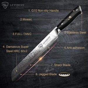 LEVINCHY Bread Knife 8 inch Professional Japanese Damascus Stainless Steel with Black Premium G10 Handle, Ergonomic Pro Kitchen Knife, Superb Edge Retention, Stain & Corrosion Resistant