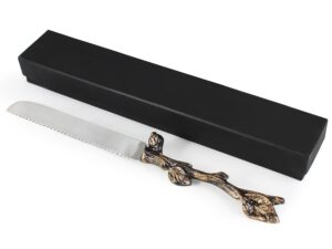 elegant decorative shabbat stainless steel challah knife with pomegranate branch design handle in a gift box - artistic shabbos bread knife for yom tov - judaica gifts by zion judaica
