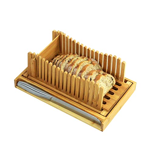 PURENJOY Bread Slicer For Homemade Bread Bamboo Bread Slicing Guide With Knife Adjustable 3 Thickness Size Foldable Bread Cutterwith Crumb Tray (13.7x8.7)