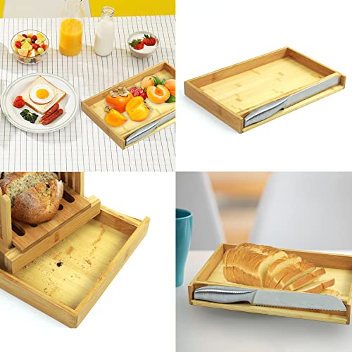 PURENJOY Bread Slicer For Homemade Bread Bamboo Bread Slicing Guide With Knife Adjustable 3 Thickness Size Foldable Bread Cutterwith Crumb Tray (13.7x8.7)