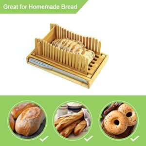 PURENJOY Bread Slicer For Homemade Bread Bamboo Bread Slicing Guide With Knife Adjustable 3 Thickness Size Foldable Bread Cutterwith Crumb Tray (13.7x8.7)