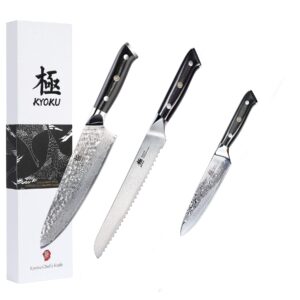kyoku shogun series 8'' serrated bread knife + 8" professional chef knife + 6" utility chef knife - japanese vg10 steel core forged damascus blade