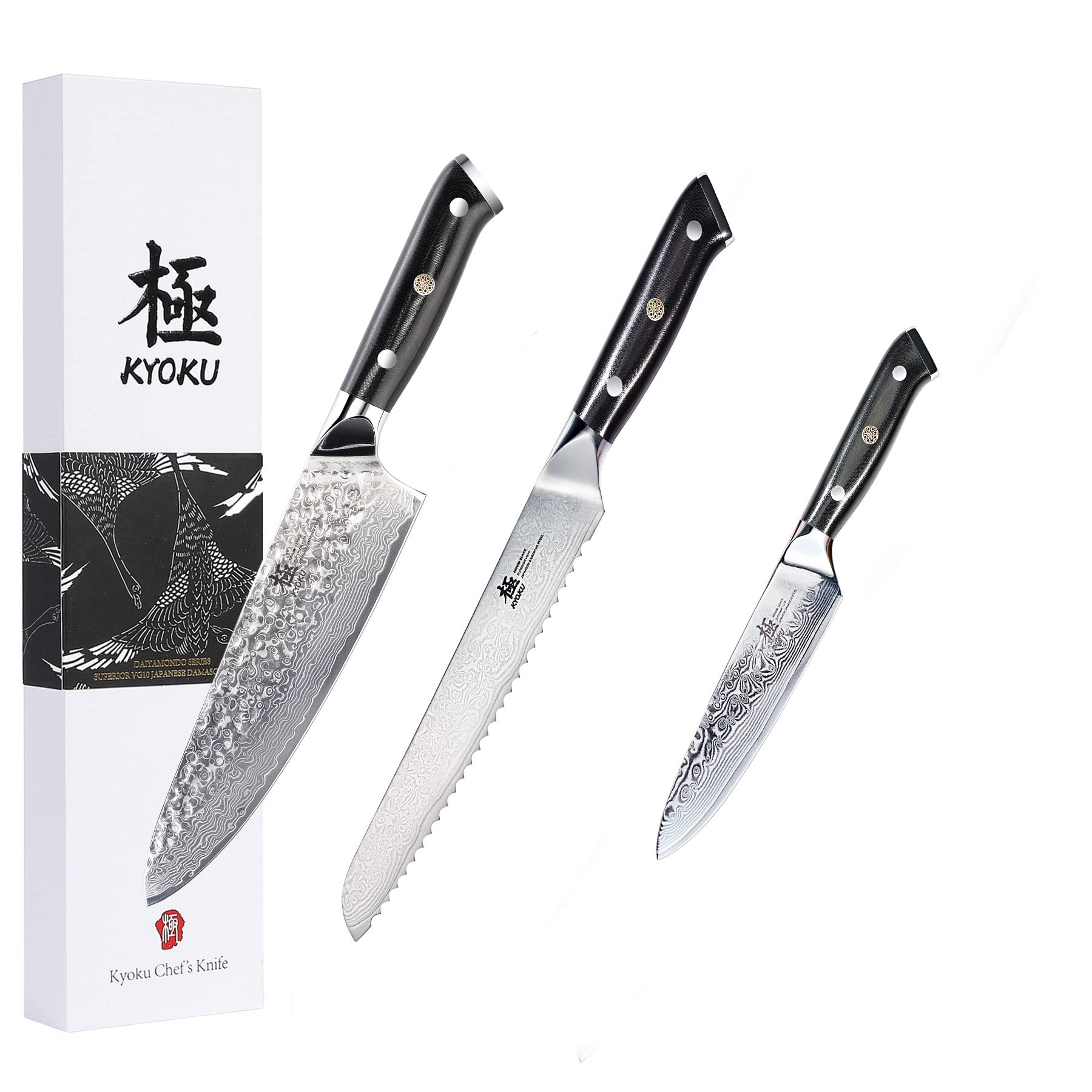 KYOKU Shogun Series 8'' Serrated Bread Knife + 8" Professional Chef Knife + 6" Utility Chef Knife - Japanese VG10 Steel Core Forged Damascus Blade