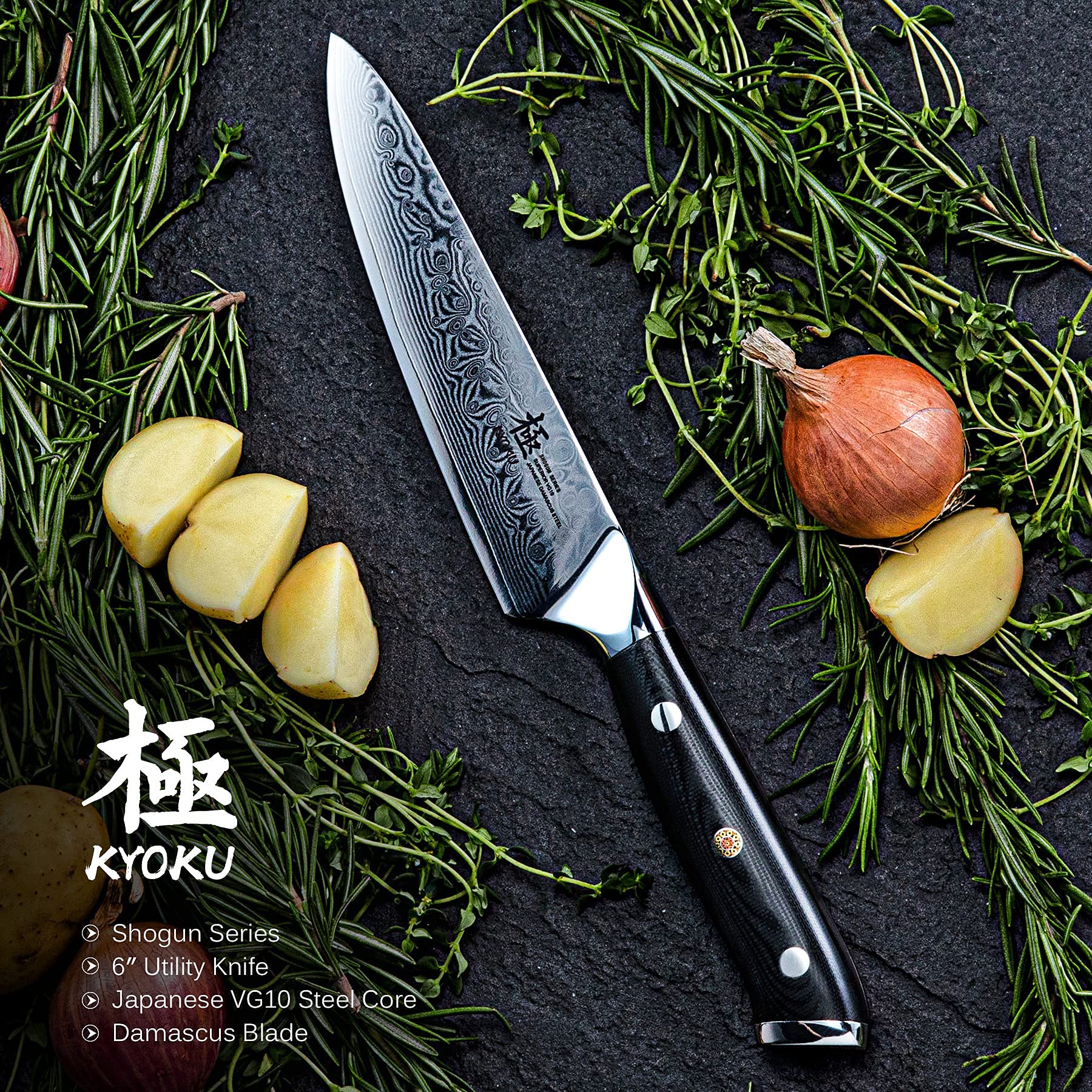KYOKU Shogun Series 8'' Serrated Bread Knife + 8" Professional Chef Knife + 6" Utility Chef Knife - Japanese VG10 Steel Core Forged Damascus Blade
