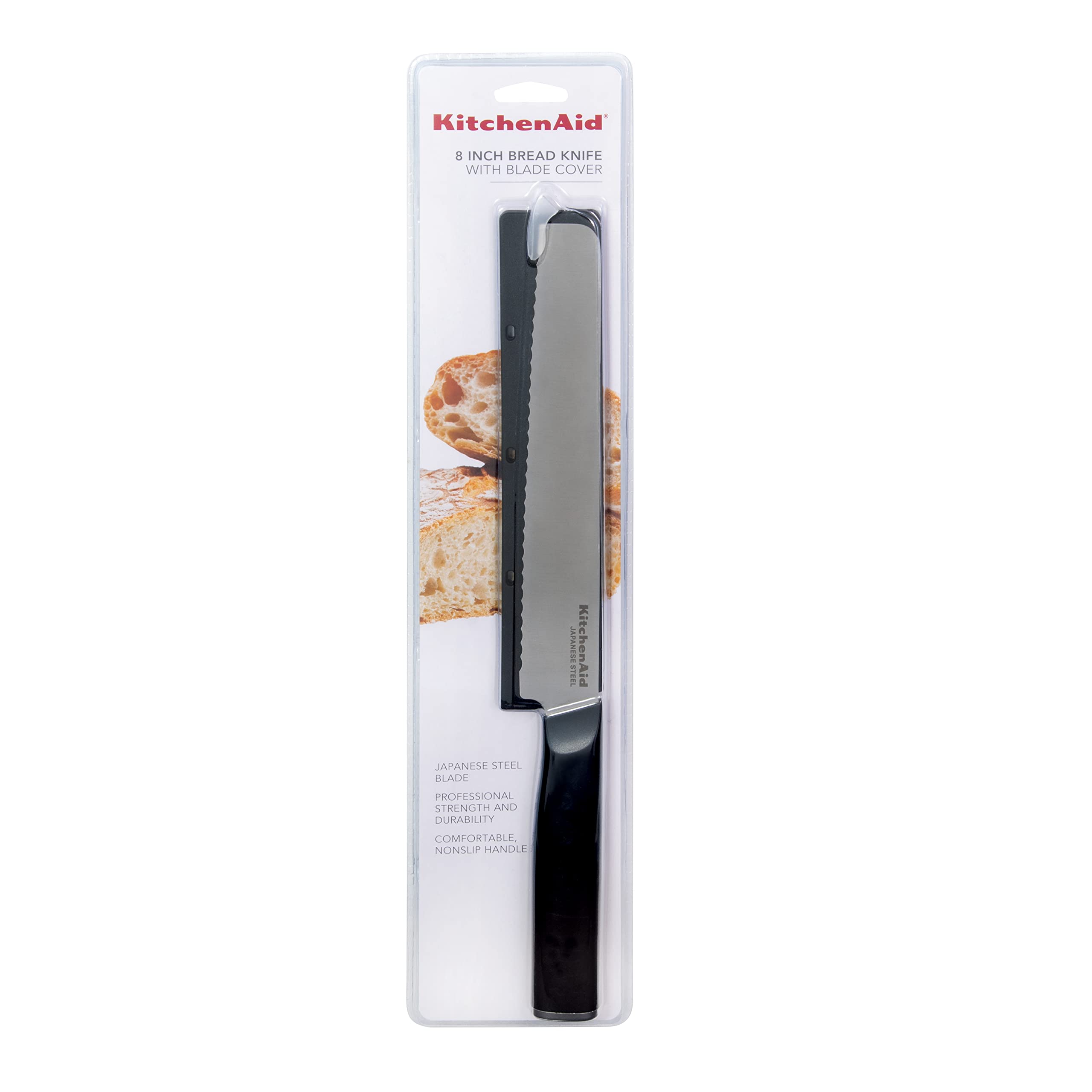 KitchenAid Classic Serrated Bread Knife with Custom-Fit Blade Cover, 8-inch, Sharp Kitchen Knife, High-Carbon Japanese Stainless Steel Blade, Black