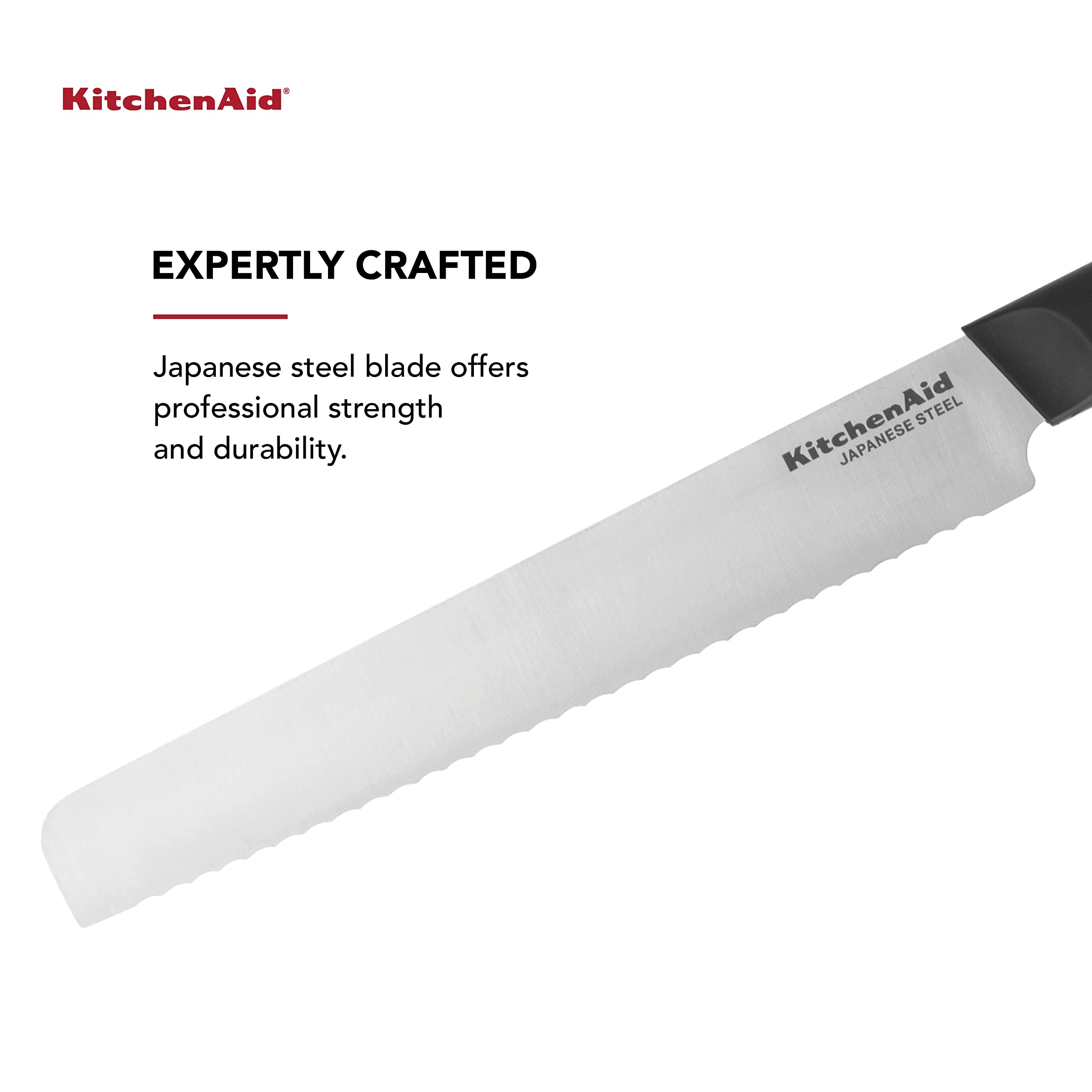 KitchenAid Classic Serrated Bread Knife with Custom-Fit Blade Cover, 8-inch, Sharp Kitchen Knife, High-Carbon Japanese Stainless Steel Blade, Black