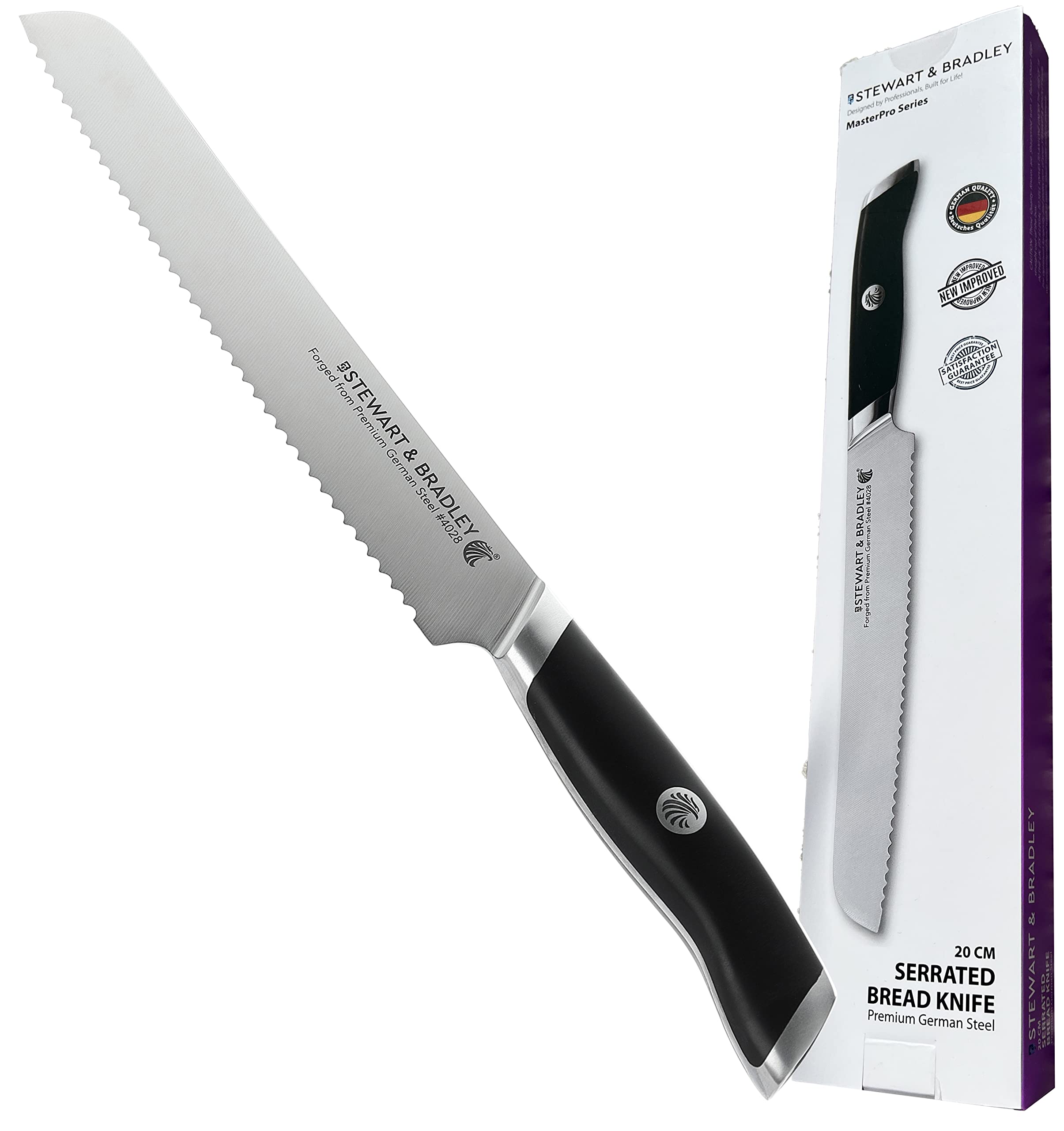 STEWART & BRADLEY 8Inch Serrated Bread Knife. MasterPro Series Full Tang, Razor Sharp, Ultra Fine Highly Tempered German Steel 4028, Forged to 1400 degrees, Precision Diamond Sharpened bread knife