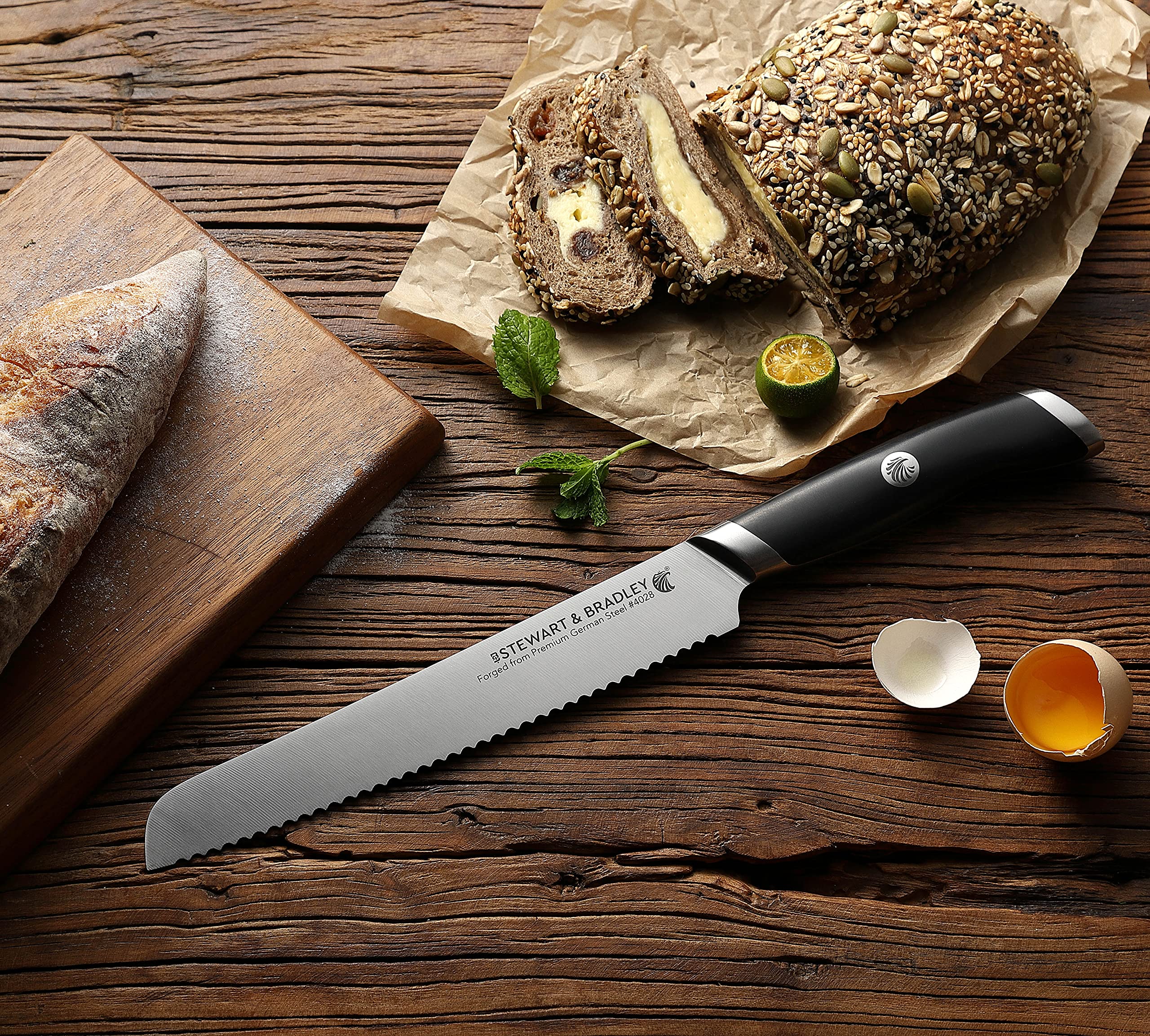 STEWART & BRADLEY 8Inch Serrated Bread Knife. MasterPro Series Full Tang, Razor Sharp, Ultra Fine Highly Tempered German Steel 4028, Forged to 1400 degrees, Precision Diamond Sharpened bread knife