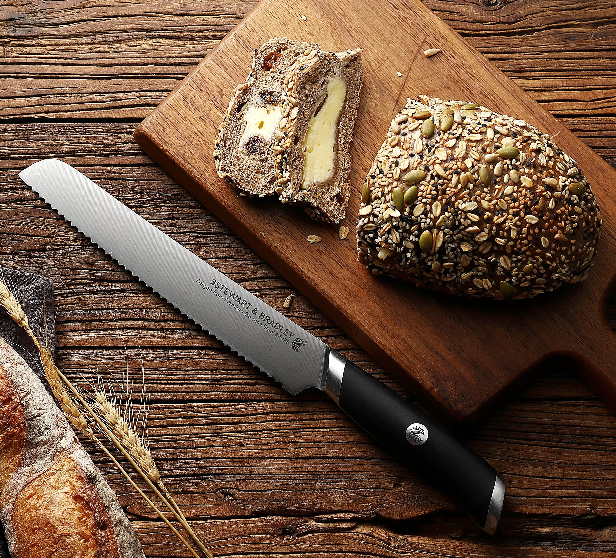 STEWART & BRADLEY 8Inch Serrated Bread Knife. MasterPro Series Full Tang, Razor Sharp, Ultra Fine Highly Tempered German Steel 4028, Forged to 1400 degrees, Precision Diamond Sharpened bread knife