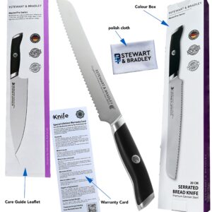 STEWART & BRADLEY 8Inch Serrated Bread Knife. MasterPro Series Full Tang, Razor Sharp, Ultra Fine Highly Tempered German Steel 4028, Forged to 1400 degrees, Precision Diamond Sharpened bread knife