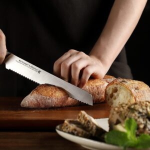 STEWART & BRADLEY 8Inch Serrated Bread Knife. MasterPro Series Full Tang, Razor Sharp, Ultra Fine Highly Tempered German Steel 4028, Forged to 1400 degrees, Precision Diamond Sharpened bread knife