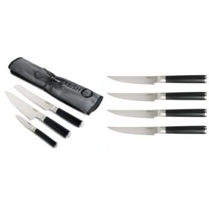 babish german steel cutlery set with knife roll - includes chef's knife, bread knife, paring knife and 4 steak knives