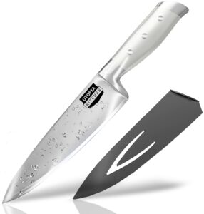 utopia kitchen 8 inch chef kitchen knife cooking knife carbon stainless steel kitchen knife with sheath and ergonomic handle - chopping knife for professional use (white)