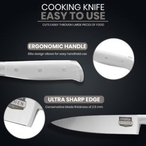 Utopia Kitchen 8 inch Chef Kitchen Knife Cooking Knife Carbon Stainless Steel Kitchen Knife with Sheath and Ergonomic Handle - Chopping Knife for Professional Use (White)