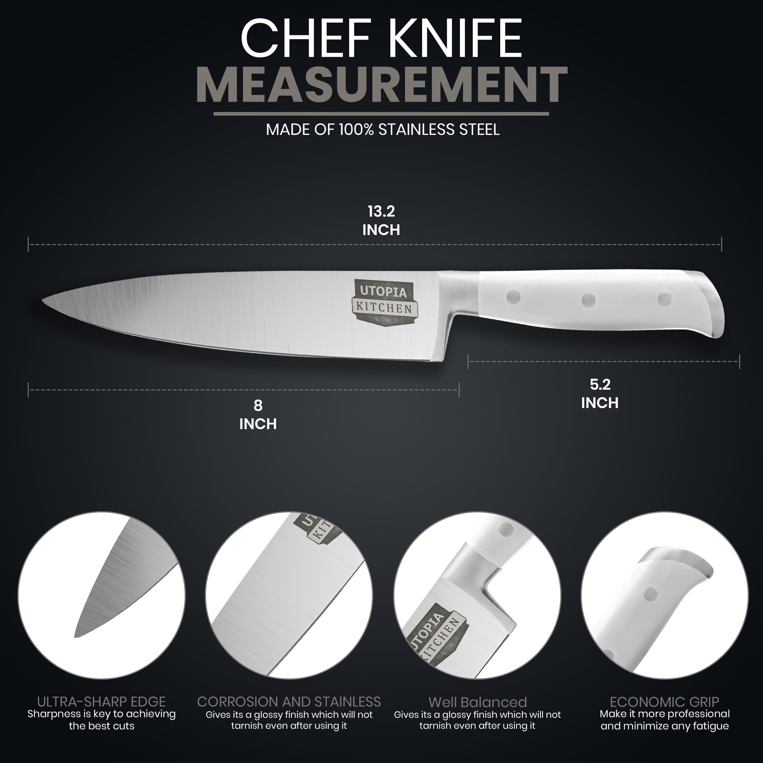 Utopia Kitchen 8 inch Chef Kitchen Knife Cooking Knife Carbon Stainless Steel Kitchen Knife with Sheath and Ergonomic Handle - Chopping Knife for Professional Use (White)