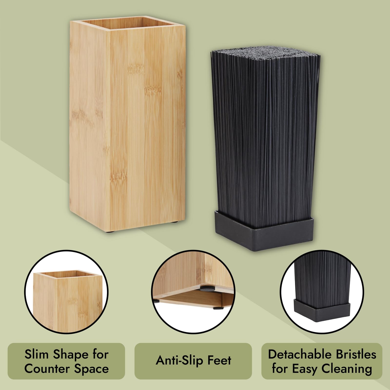 Juvale Bamboo Universal Knife Block with Adjustable Bristles for Kitchen Counter (4 x 4 x 9 In)