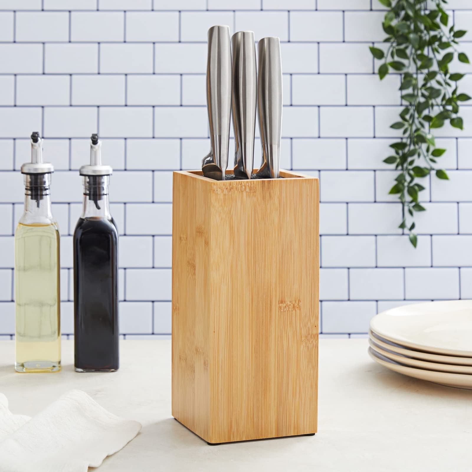 Juvale Bamboo Universal Knife Block with Adjustable Bristles for Kitchen Counter (4 x 4 x 9 In)