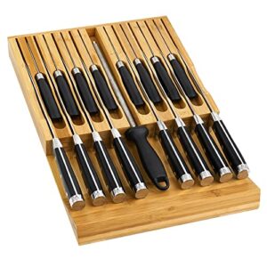 ecofives in-drawer knife block,bamboo knife drawer organizer insert, kitchen knife drawer storage for 16 knives a slot for your knife sharpener (without knives)