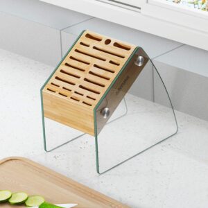 23 Slot Clear Knife Block Without Knives,Kitchen Knife Holder Organizer Stand Durable Bamboo Knife Dock Rack with Transparent Tempered Glass.