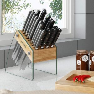 23 Slot Clear Knife Block Without Knives,Kitchen Knife Holder Organizer Stand Durable Bamboo Knife Dock Rack with Transparent Tempered Glass.