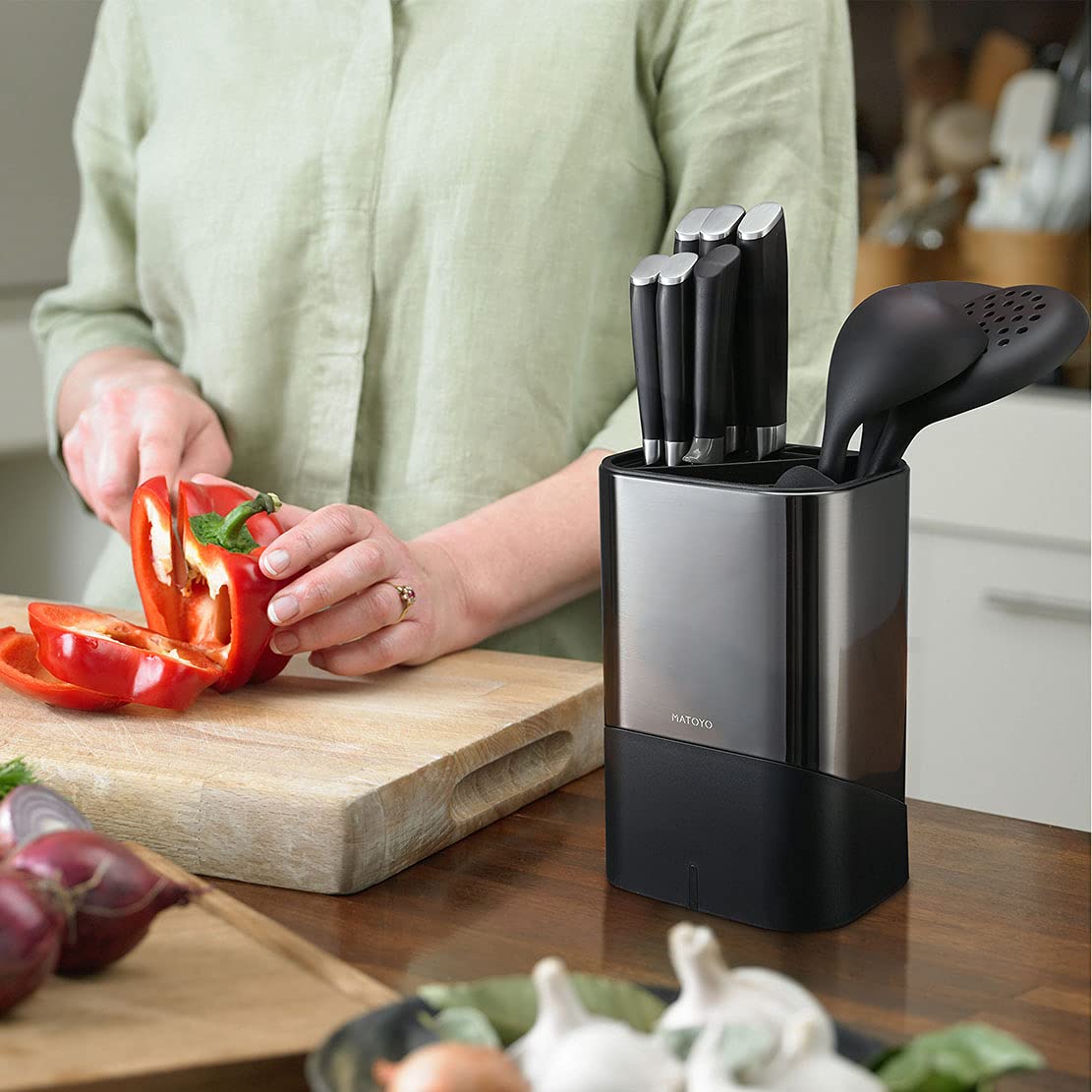 Universal Knife Block without Knives and Utensil Holder for Countertop, Matoyo 2-in-1 Stainless Steel Kitchen Knife Holder for Kitchen Counter, Fingerprint Resistant (Knife/Utensil Holder Black)