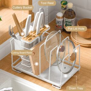 MoonlyTree Kitchen Counter Organizer Knife Block, Anti-Slip Silverware and Utensils Storage with Vertical Knife Holders, Kitchen Rack Cabinet Organizer for Pans Sheets, Cutting Boards and Pot Lids