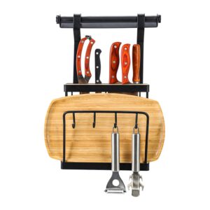 eastore life hanging knife holder with 4 hooks, knife block with cutting board holder, stainless steel in black finish, hanging rod included, easy to install