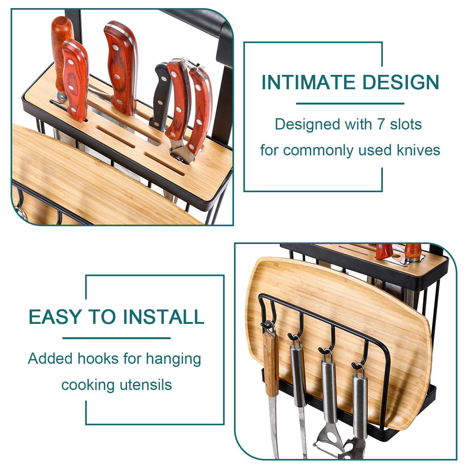 Eastore Life Hanging Knife Holder with 4 Hooks, Knife Block with Cutting Board Holder, Stainless Steel in Black Finish, Hanging Rod Included, Easy to Install