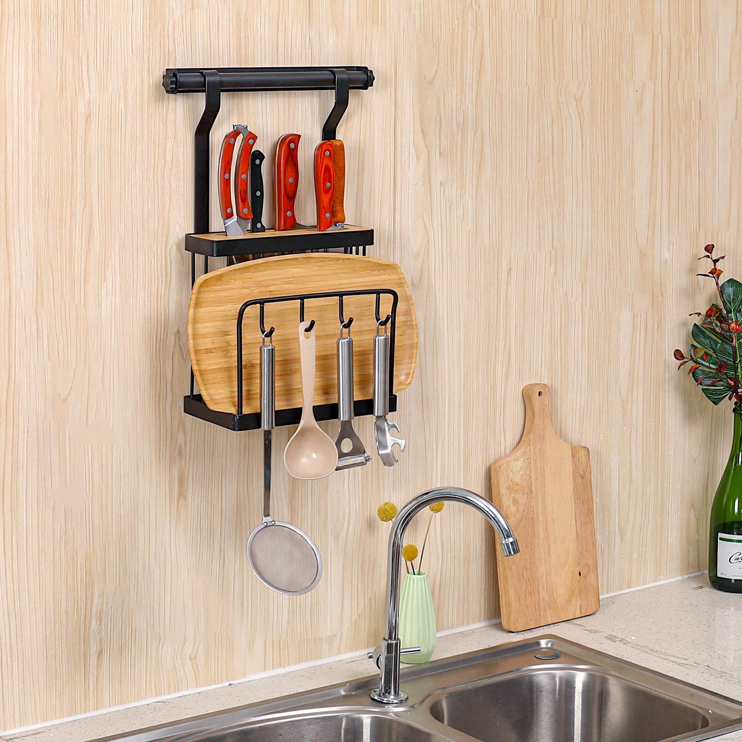 Eastore Life Hanging Knife Holder with 4 Hooks, Knife Block with Cutting Board Holder, Stainless Steel in Black Finish, Hanging Rod Included, Easy to Install