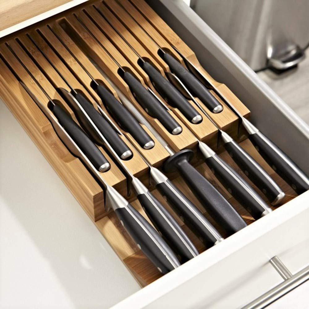 In-Drawer Bamboo Knife Block, Drawer Knife Set Storage Made from Quality Bamboo (12 Knife Organizer)