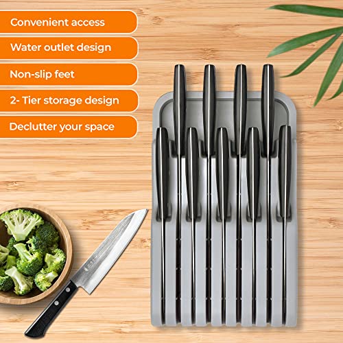 Cheer Collection Kitchen Drawer Knife Organizer - Space Saving Tray to Keep Knives Organized, Gray